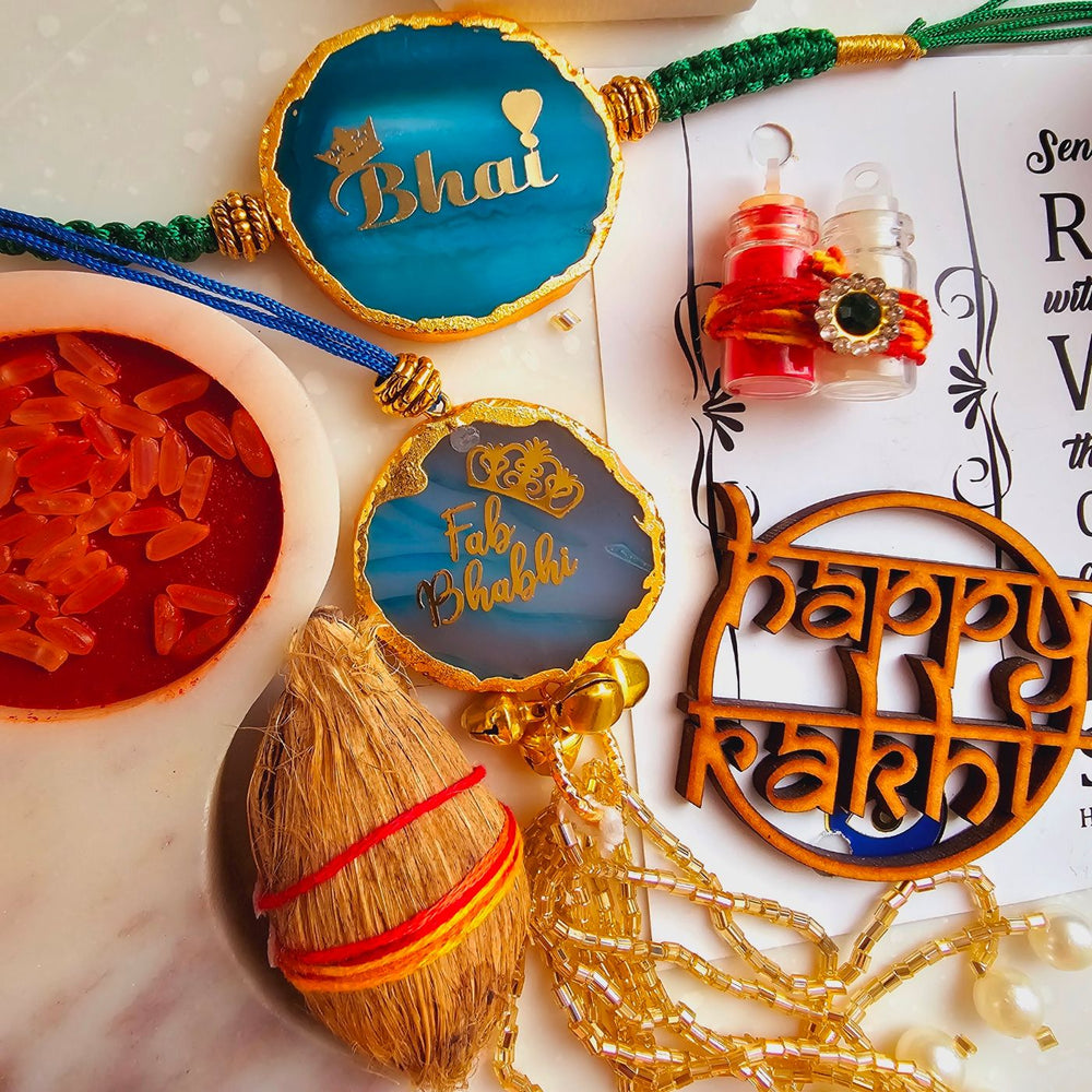 Handmade Bhai And Fab Bhabhi Agate Bhaiya Bhabhi Rakhi With Roli Chawal - Close-up of Rakhi Set Details