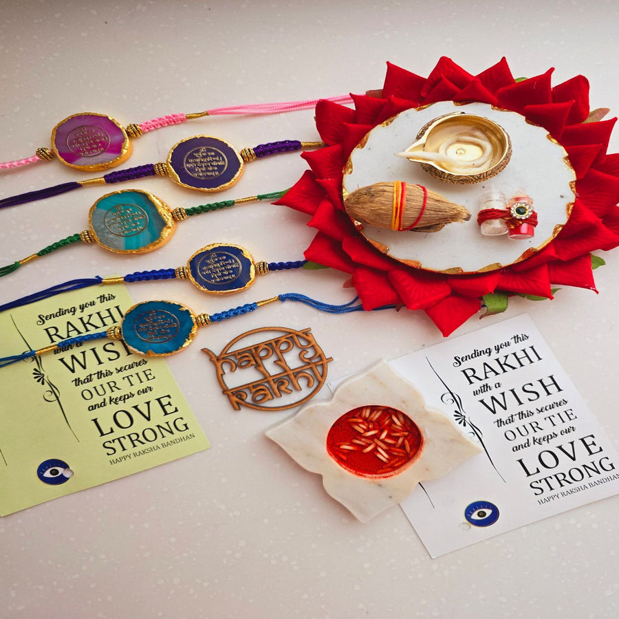 Handmade Gayatri Mantra Agate Rakhi With Roli Chawal For Brother - Multi Rakhi Arrangement with Cards