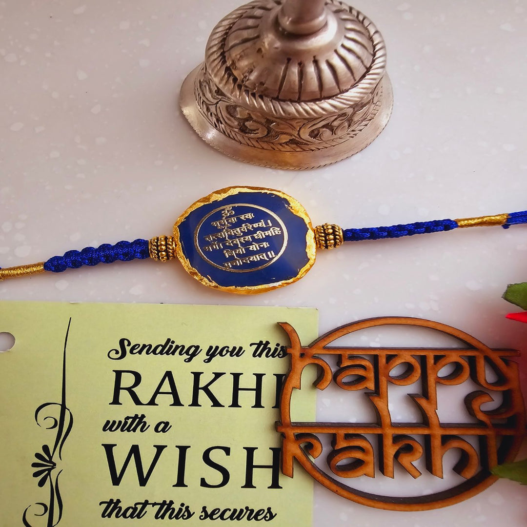 Handmade Gayatri Mantra Agate Rakhi With Roli Chawal For Brother - Single Rakhi and Wish Card Detail