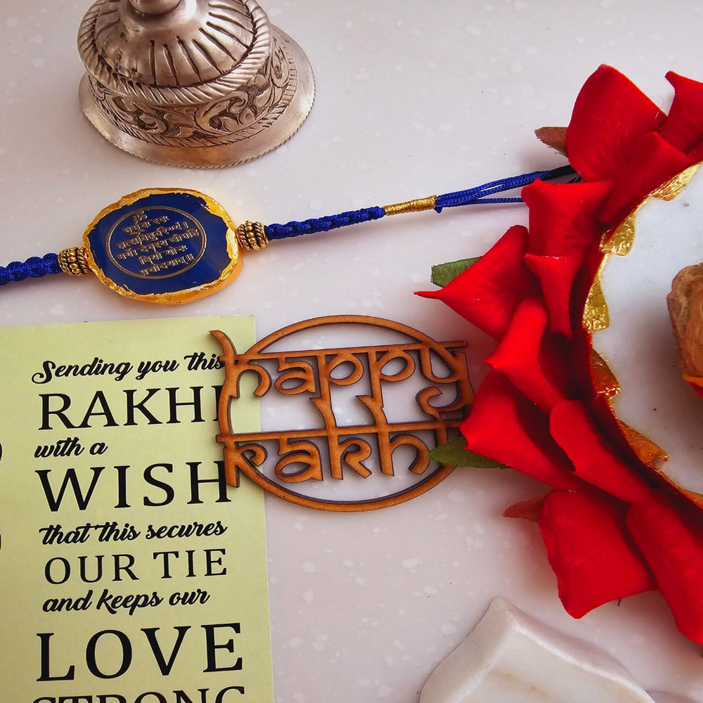 Handmade Gayatri Mantra Agate Rakhi With Roli Chawal For Brother - Close-up of Rakhi and Wish Card