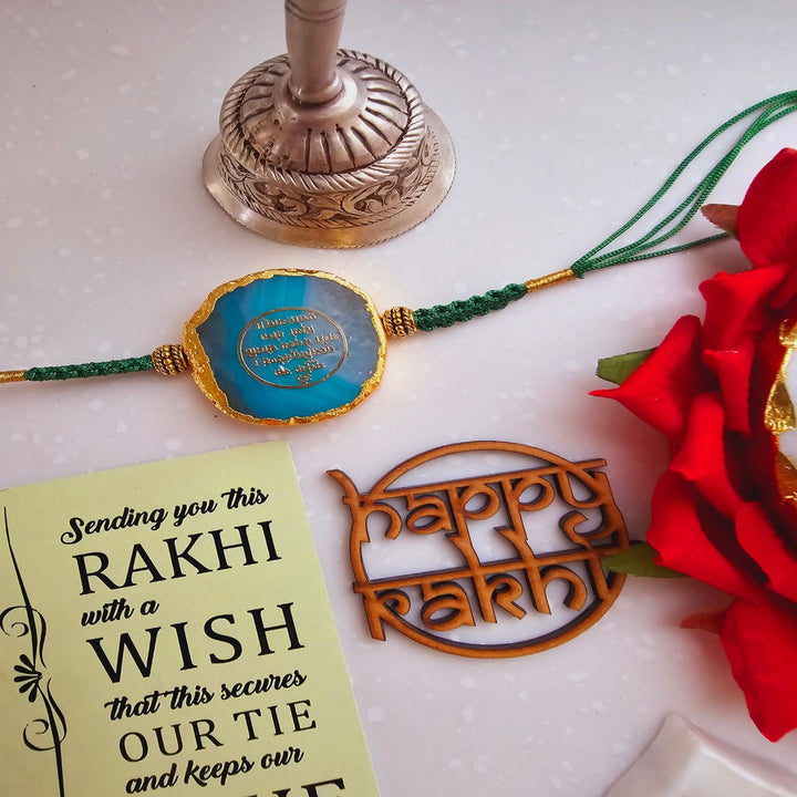 Handmade Gayatri Mantra Agate Rakhi With Roli Chawal For Brother - Blue Green Rakhi with Happy Rakhi Sign