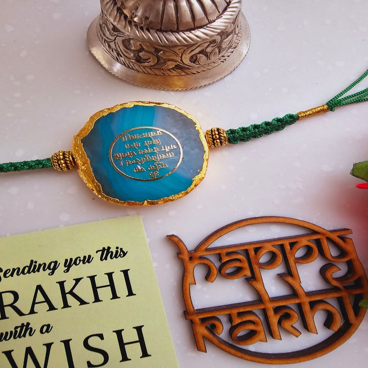 Handmade Gayatri Mantra Agate Rakhi With Roli Chawal For Brother - Blue Green Rakhi with Wish Card