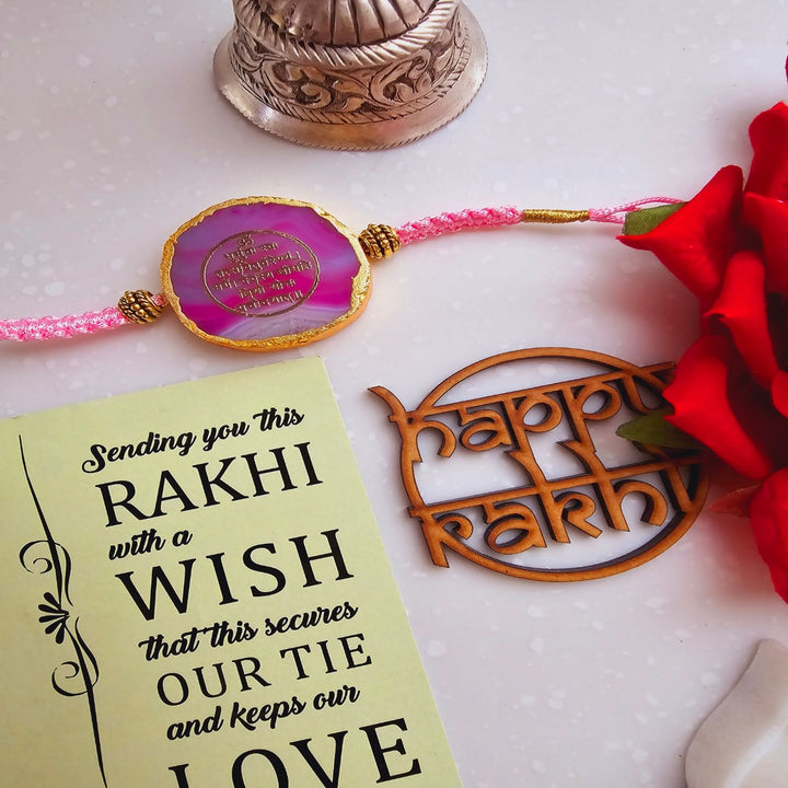 Handmade Gayatri Mantra Agate Rakhi With Roli Chawal For Brother - Pink Rakhi and Happy Rakhi Sign