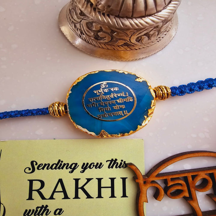 Handmade Gayatri Mantra Agate Rakhi With Roli Chawal For Brother - Blue Rakhi Detail with Card
