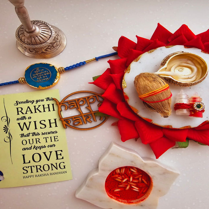 Handmade Gayatri Mantra Agate Rakhi With Roli Chawal For Brother - Complete Rakhi Set with Accessories