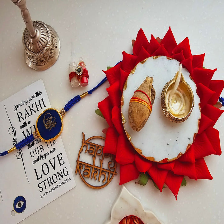 Handmade Shree Sai Baba Agate Rakhi With Roli Chawal For Brother - Raksha Bandhan Thali Arrangement