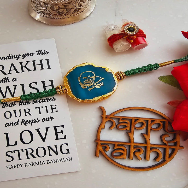 Handmade Shree Sai Baba Agate Rakhi With Roli Chawal For Brother - Close-up Front View Alternative