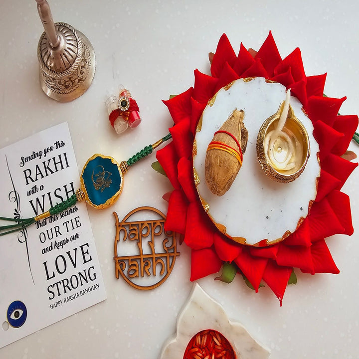 Handmade Shree Sai Baba Agate Rakhi With Roli Chawal For Brother - Raksha Bandhan Thali Arrangement Alternative