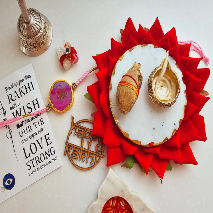 Handmade Shree Sai Baba Agate Rakhi With Roli Chawal For Brother - Raksha Bandhan Thali with Pink Rakhi