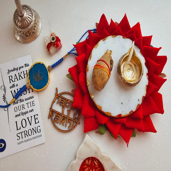 Handmade Shree Sai Baba Agate Rakhi With Roli Chawal For Brother - Raksha Bandhan Thali with Blue Rakhi