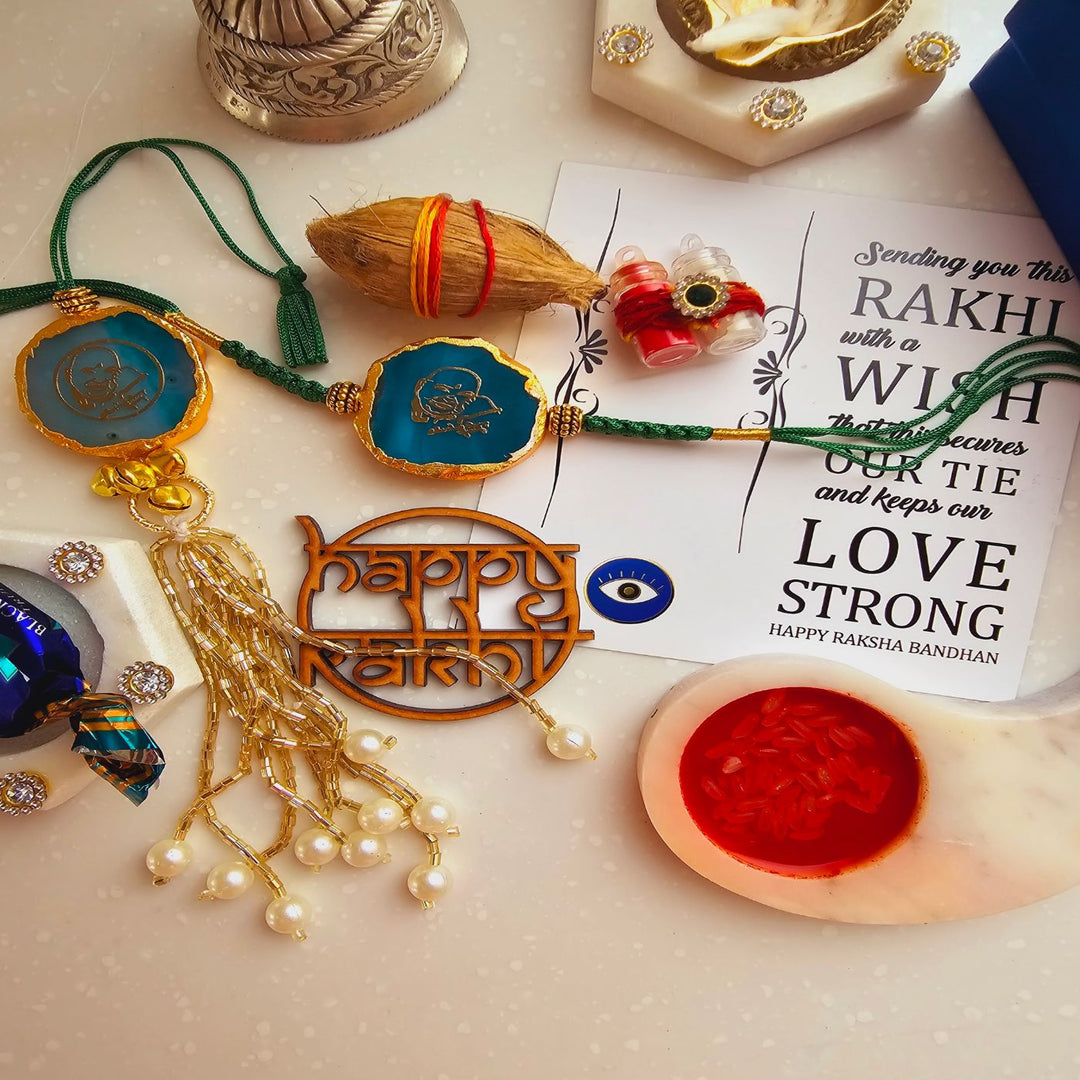 Handmade Shree Sai Baba Agate Bhaiya Bhabhi Rakhi With Roli Chawal - Flat Lay with Poem Card