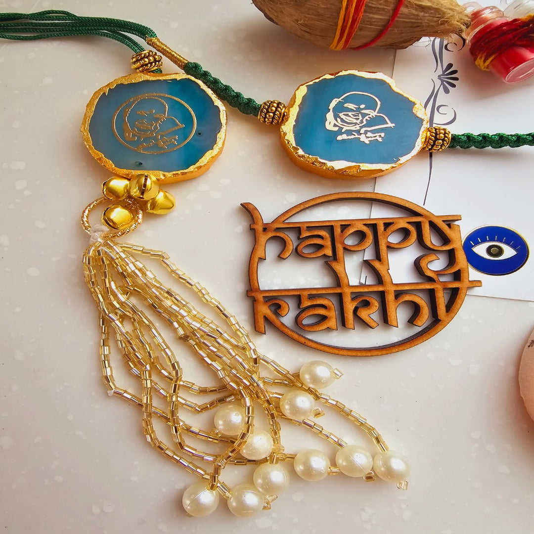 Handmade Shree Sai Baba Agate Bhaiya Bhabhi Rakhi With Roli Chawal - Close-up Flat Lay Display (3)