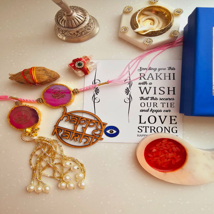 Handmade Shree Sai Baba Agate Bhaiya Bhabhi Rakhi With Roli Chawal - Flat Lay with Poem Card (6)