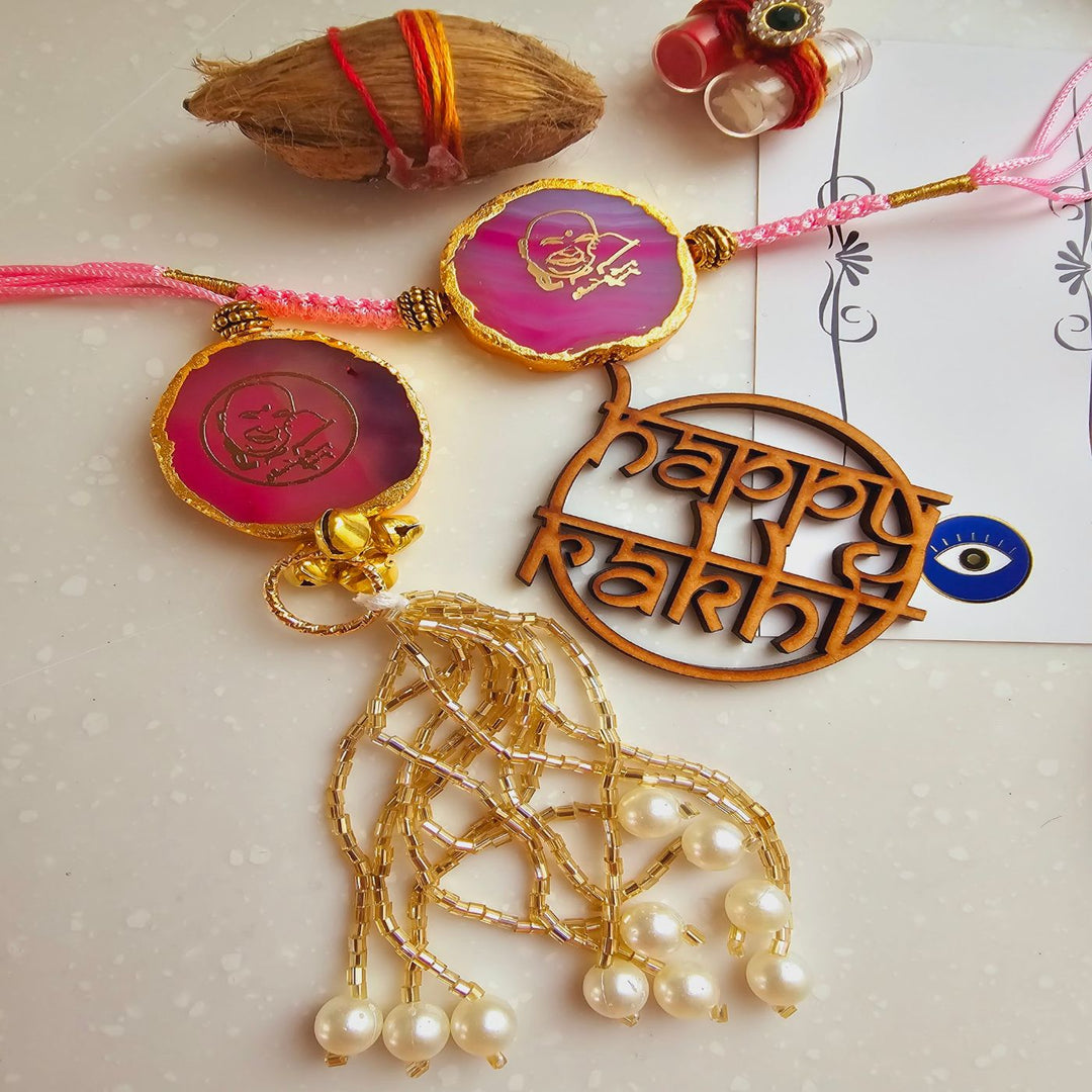 Handmade Shree Sai Baba Agate Bhaiya Bhabhi Rakhi With Roli Chawal - Flat Lay Display Close-up