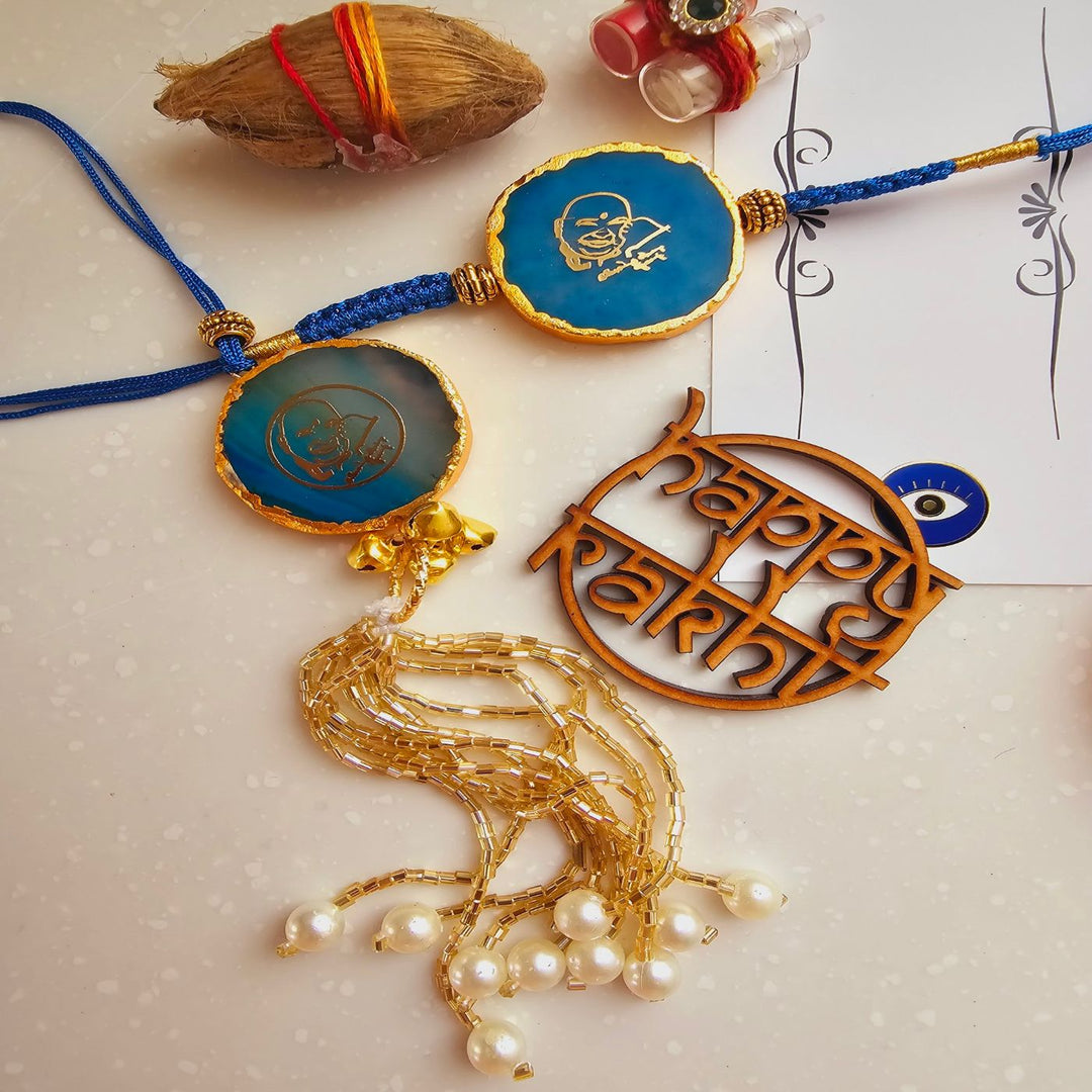 Handmade Shree Sai Baba Agate Bhaiya Bhabhi Rakhi With Roli Chawal - Close-up Flat Lay Display (7)