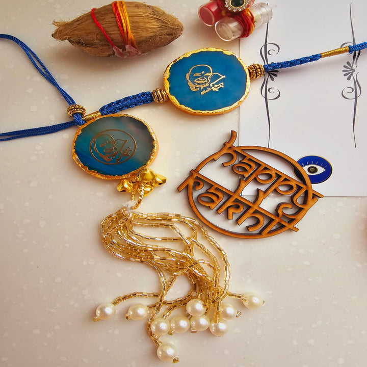 Handmade Shree Sai Baba Agate Bhaiya Bhabhi Rakhi With Roli Chawal - Close-up Flat Lay Display (7)