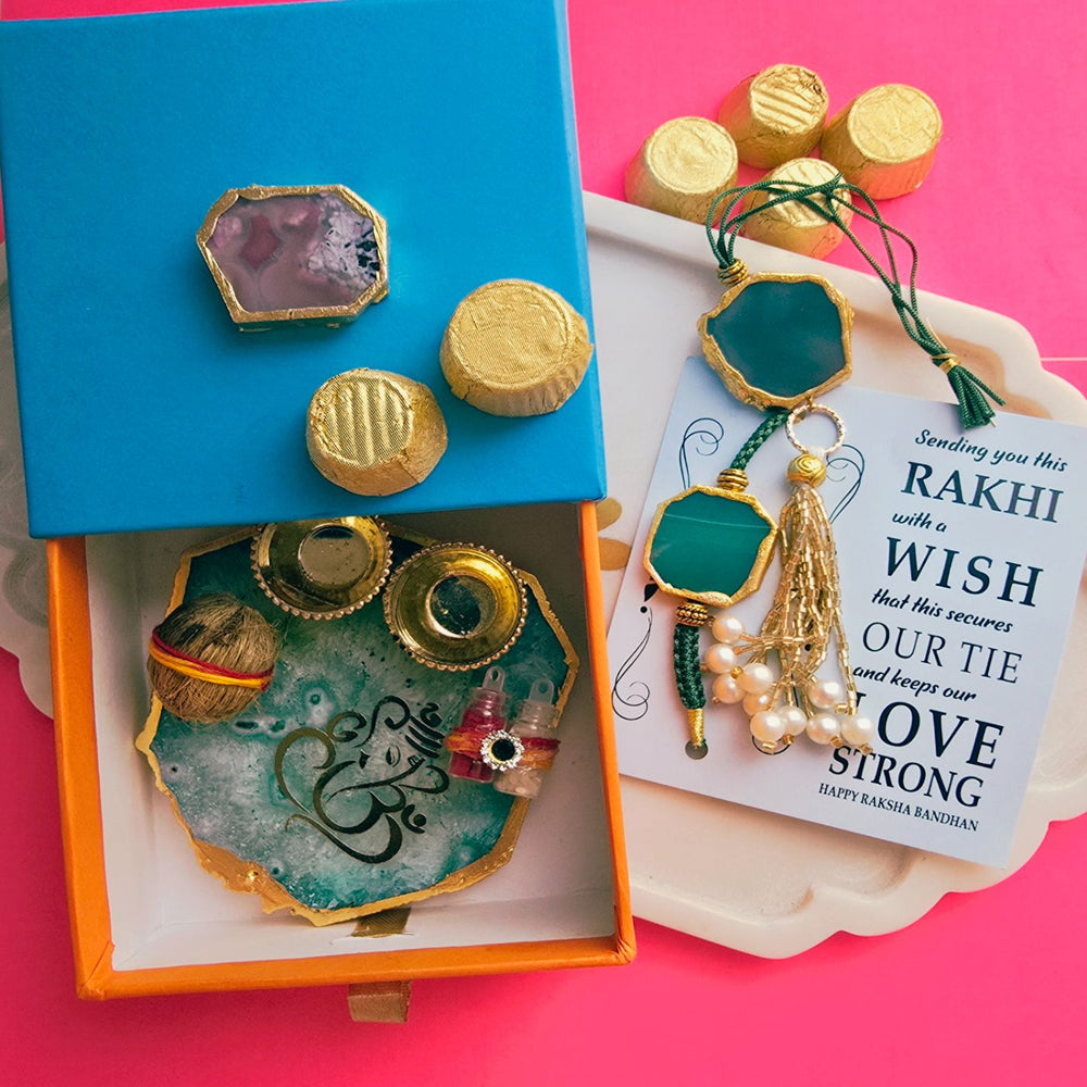 Handmade Premium Agate Bhaiya Bhabhi Rakhi With Roli Chawal - Raksha Bandhan gift set in box