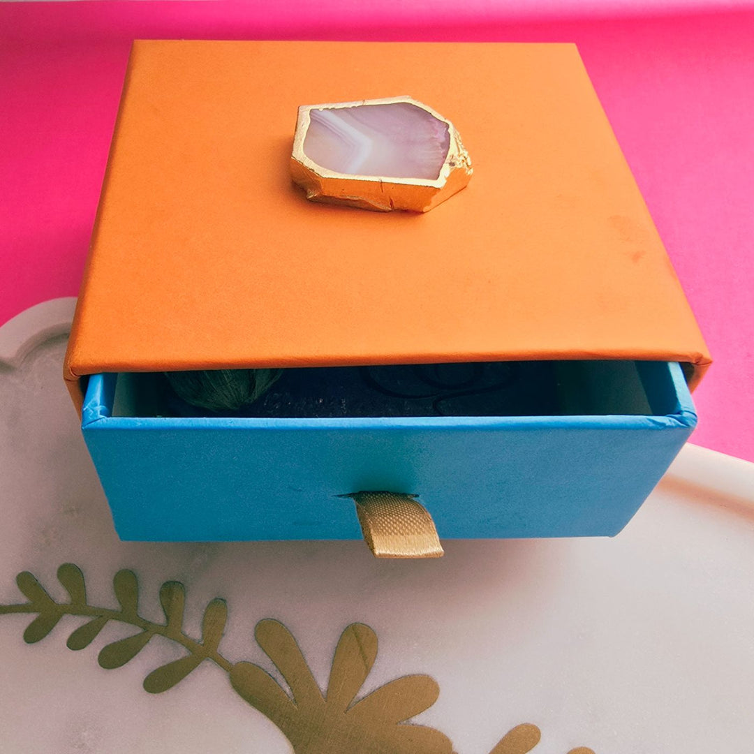 Handmade Premium Agate Bhaiya Bhabhi Rakhi With Roli Chawal - Opened Raksha Bandhan gift box drawer view