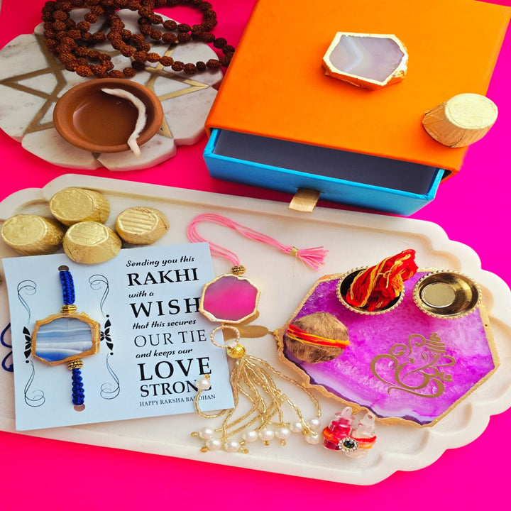 Handmade Premium Agate Bhaiya Bhabhi Rakhi With Roli Chawal - Styled with pink Rakhi and sweets