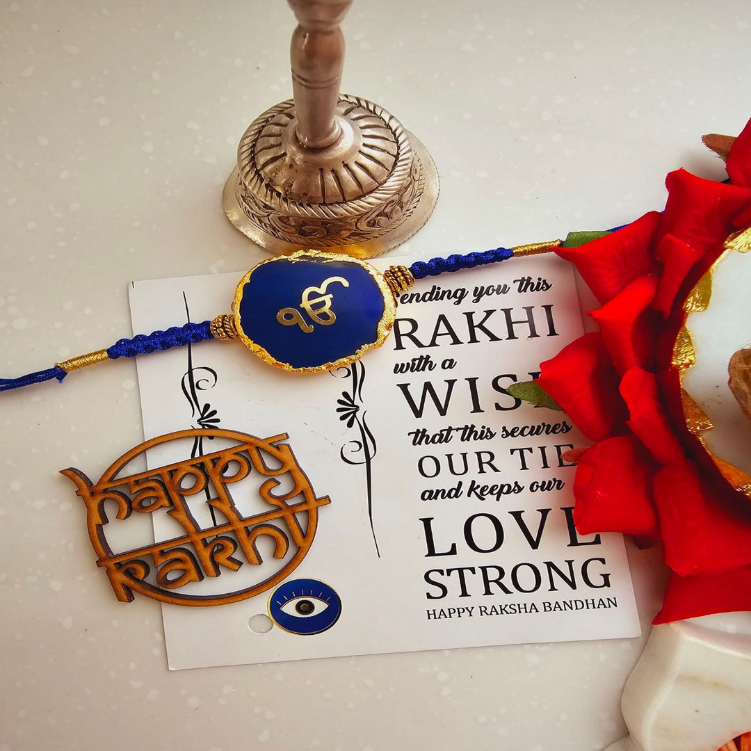 Handmade Ik Onkar Agate Rakhi With Roli Chawal For Brother - Blue Rakhi with Puja Thali