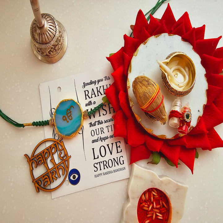 Handmade Ik Onkar Agate Rakhi With Roli Chawal For Brother - Rakhi with Puja Thali Arrangement