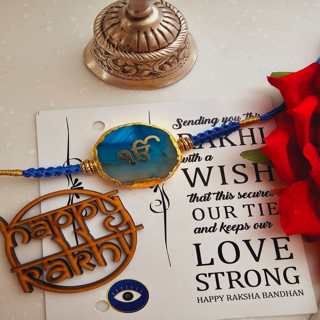 Handmade Ik Onkar Agate Rakhi With Roli Chawal For Brother - Front View of Green Rakhi on Card