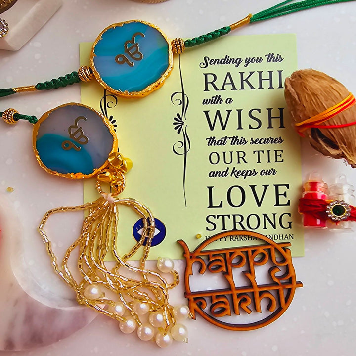 Handmade Ik Onkar Agate Bhaiya Bhabhi Rakhi With Roli Chawal - Front View with Message and Coconut