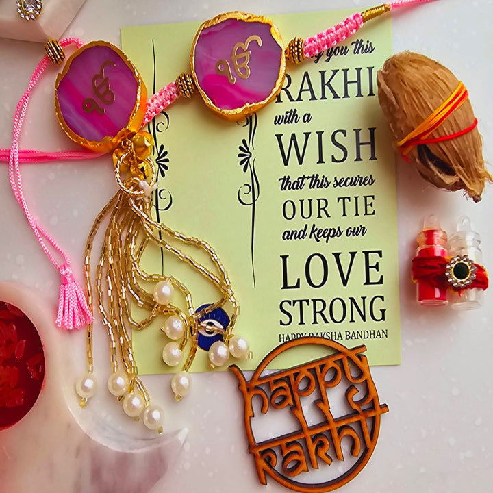 Handmade Ik Onkar Agate Bhaiya Bhabhi Rakhi With Roli Chawal - Pink Rakhi Styled View