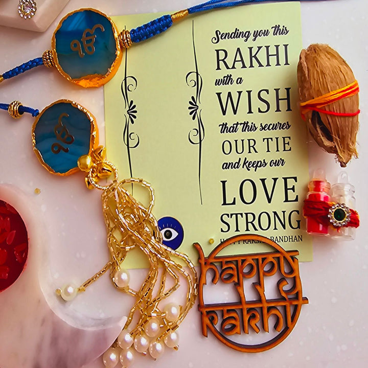Handmade Ik Onkar Agate Bhaiya Bhabhi Rakhi With Roli Chawal - Blue Rakhi Styled View
