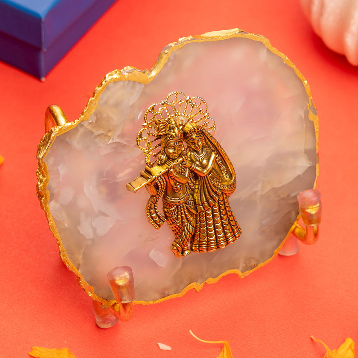 Natural Agate Gold Plated Radhakrishna Showpiece With Metal Stand