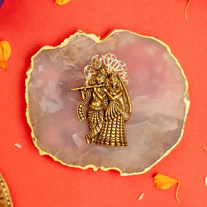Natural Agate Gold Plated Radhakrishna Showpiece With Metal Stand