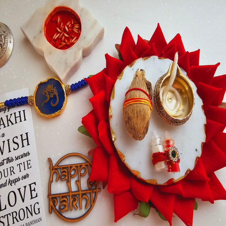 Handmade Om Agate Rakhi With Roli Chawal For Brother - Pooja Thali with Rakhi
