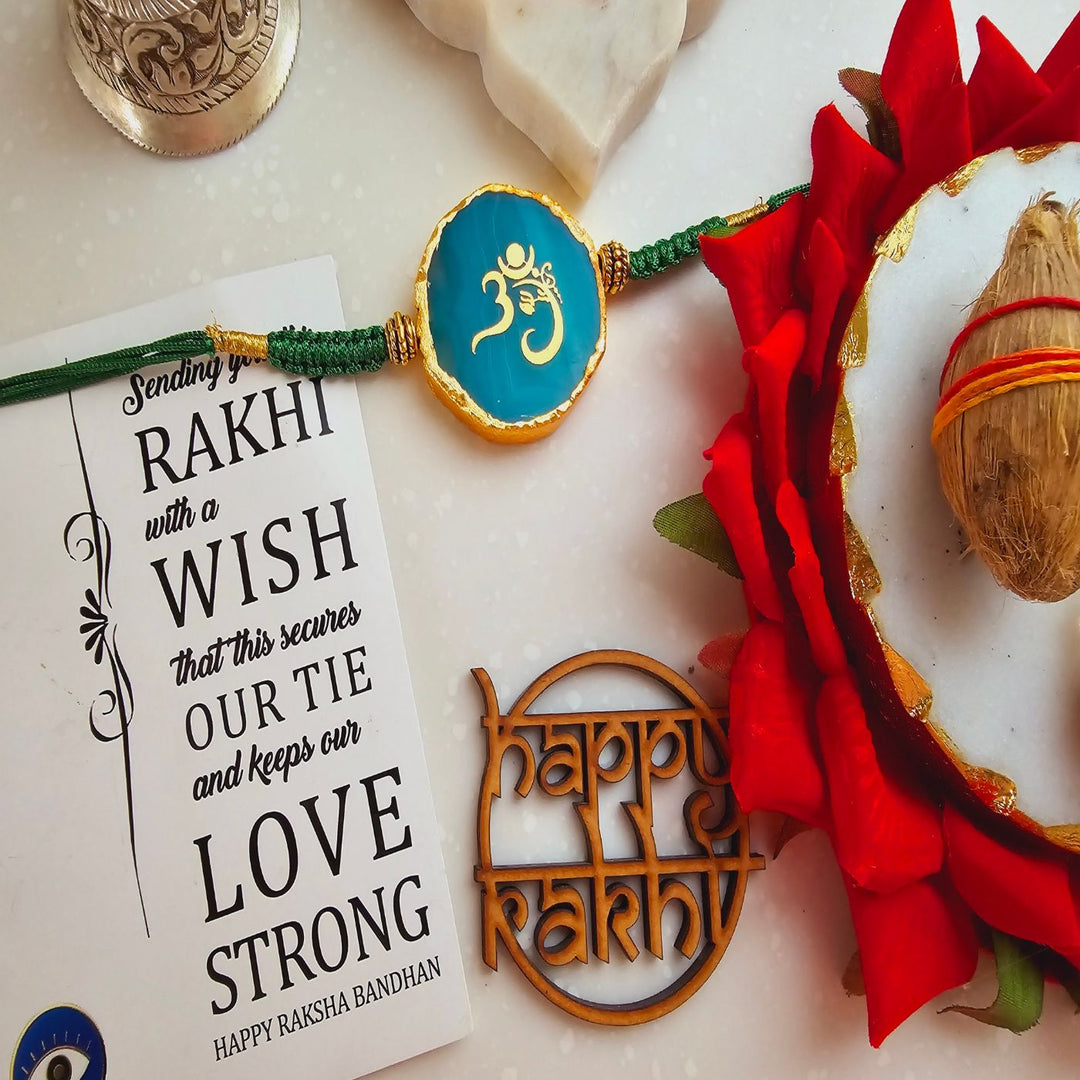 Handmade Om Agate Rakhi With Roli Chawal For Brother - Green Rakhi with Pooja Items