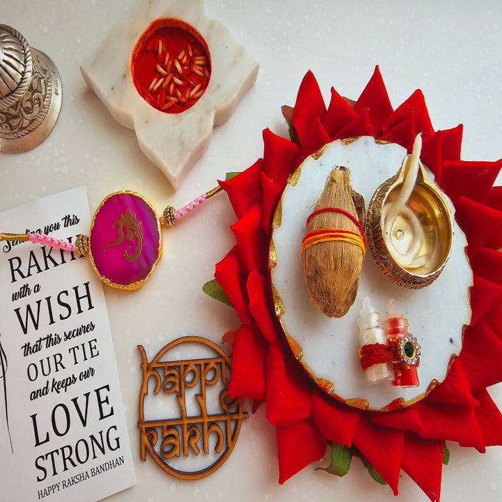 Handmade Om Agate Rakhi With Roli Chawal For Brother - Pink Rakhi with Pooja Items