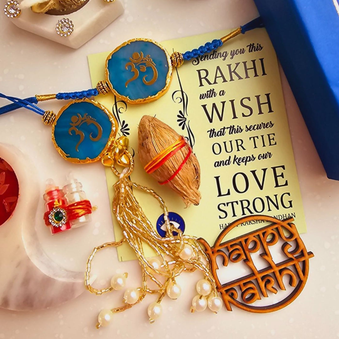 Handmade Om Agate Bhaiya Bhabhi Rakhi With Roli Chawal - Blue Rakhi Set Styled View