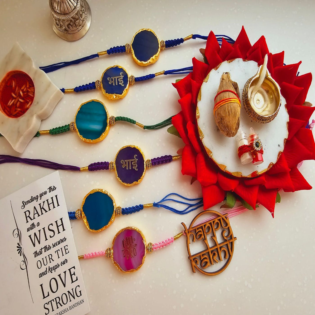 Handmade Premium Agate Rakhi With Roli Chawal For Brother - Multiple Rakhis with Pooja Thali