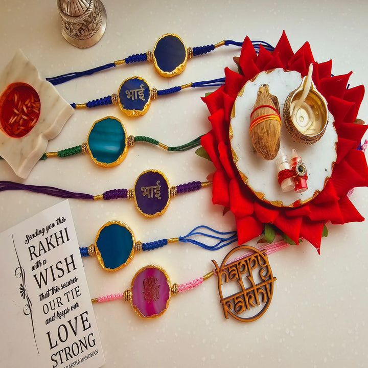 Handmade Premium Agate Rakhi With Roli Chawal For Brother - Multiple Rakhis with Pooja Thali