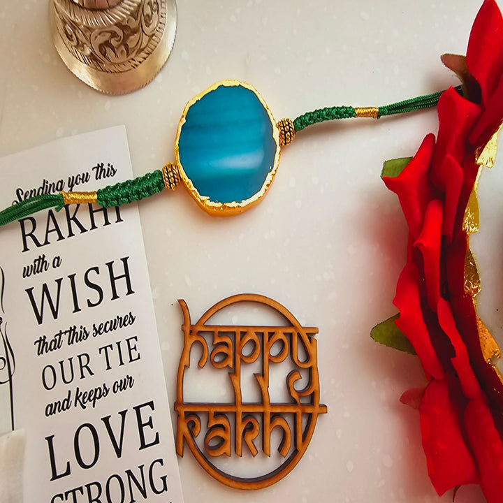 Handmade Premium Agate Rakhi With Roli Chawal For Brother - Single Green Rakhi with Message Card