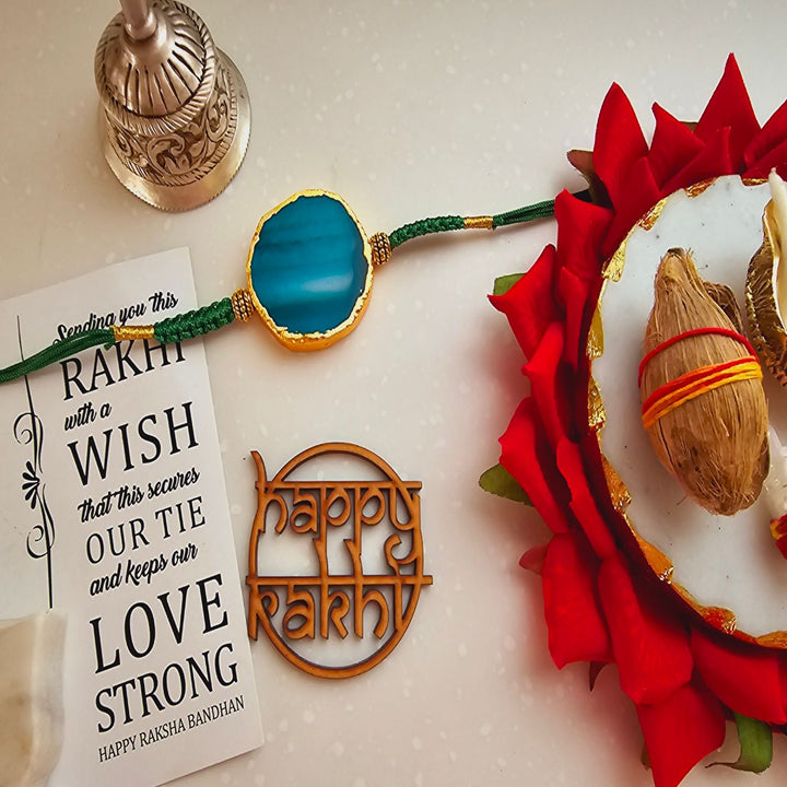 Handmade Premium Agate Rakhi With Roli Chawal For Brother - Single Green Rakhi with Pooja Arrangement
