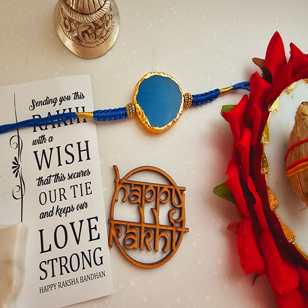 Handmade Premium Agate Rakhi With Roli Chawal For Brother - Single Blue Rakhi with Festival Elements