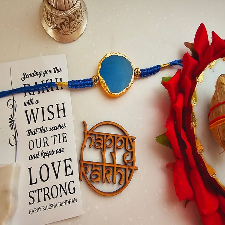 Handmade Premium Agate Rakhi With Roli Chawal For Brother - Single Blue Rakhi with Festival Elements
