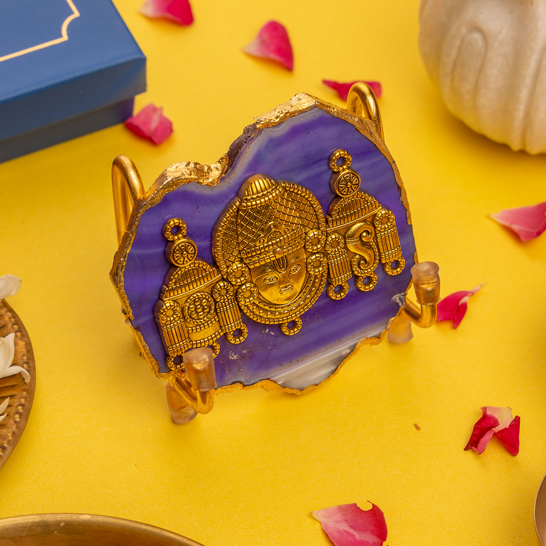 Blue Agate Gold Plated Venkateshwar Showpiece With Metal Stand