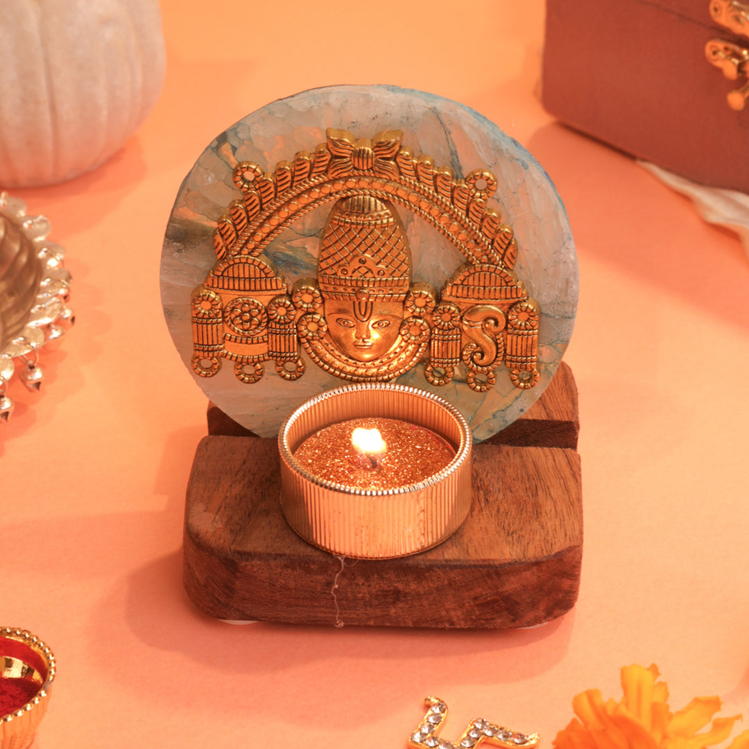 Blue Agate Venkateshwar Wooden Tealight Holder