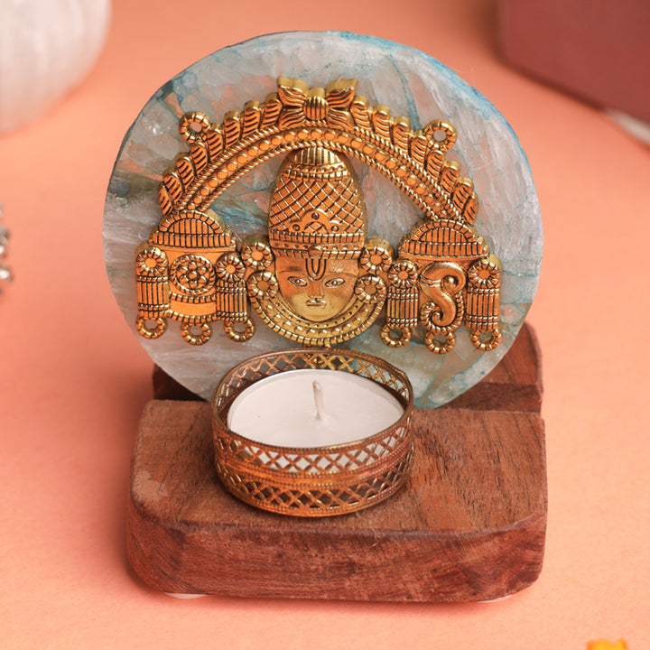 Blue Agate Venkateshwar Wooden Tealight Holder