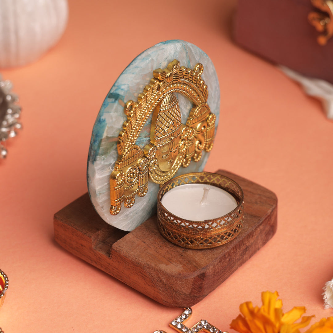 Blue Agate Venkateshwar Wooden Tealight Holder