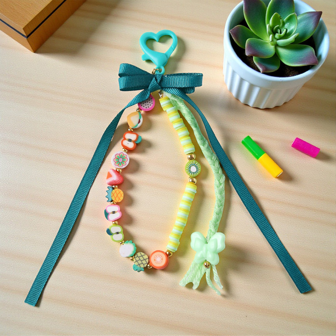 Green Fimo Beads & Ribbon Bow Bag Charm For Kids