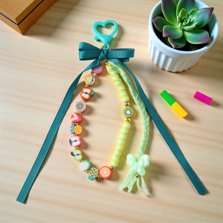 Green Fimo Beads & Ribbon Bow Bag Charm For Kids