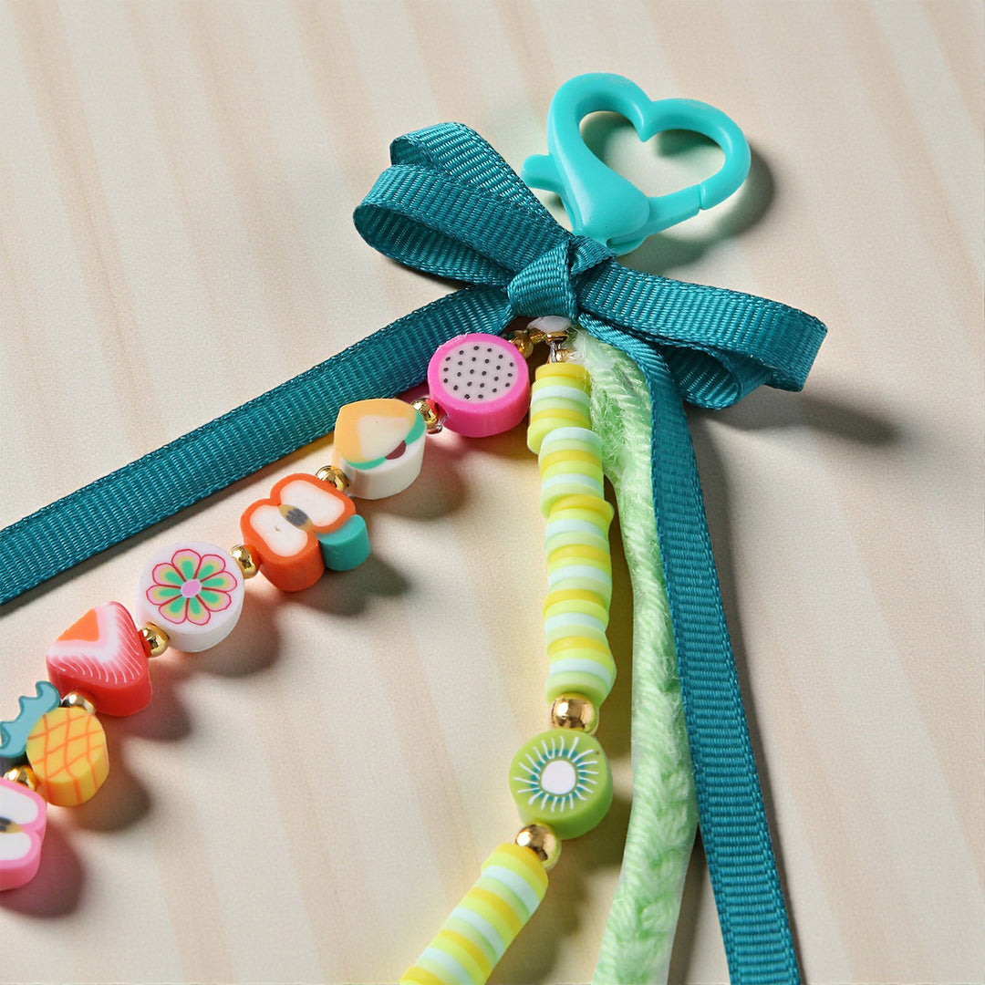 Green Fimo Beads & Ribbon Bow Bag Charm For Kids