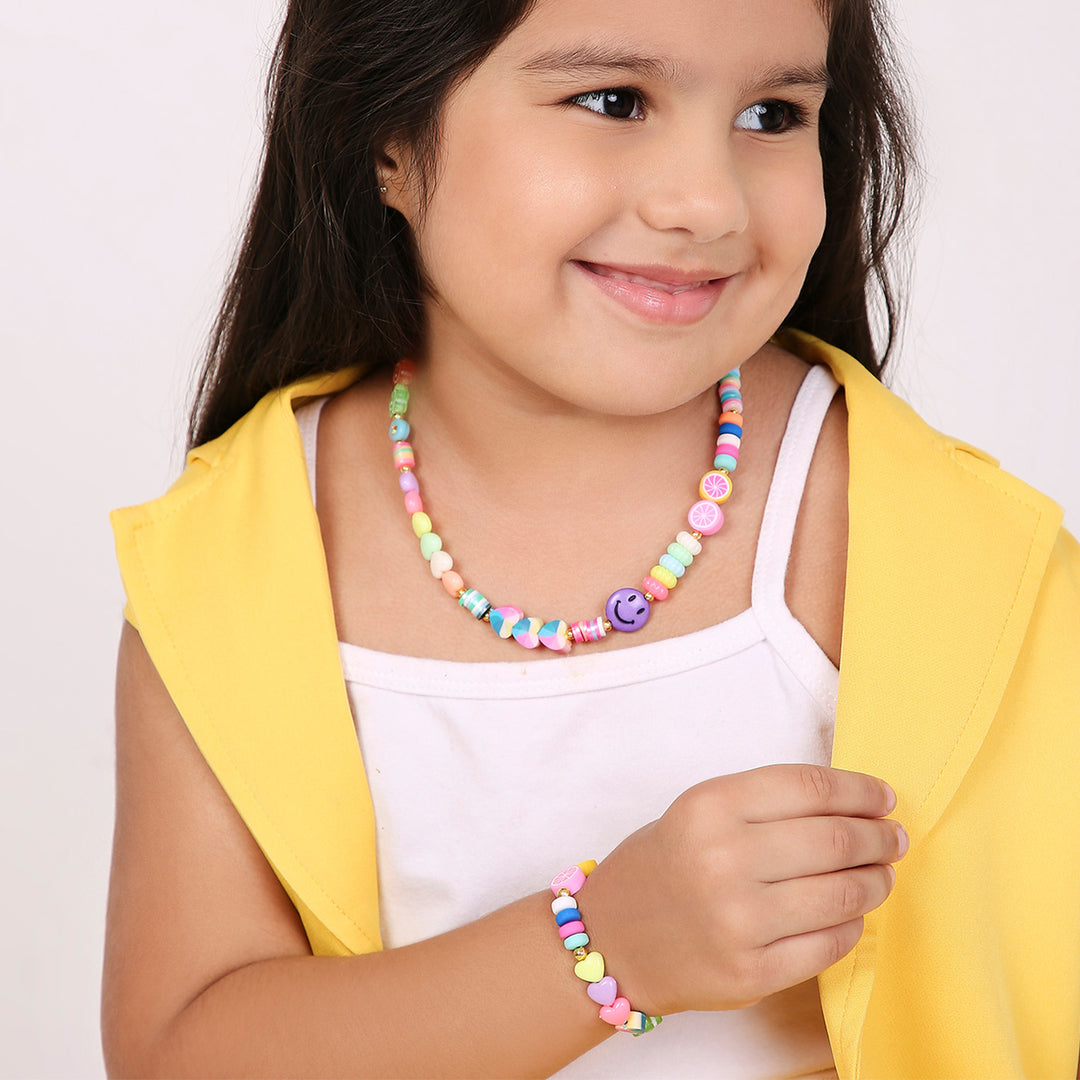 2 Pc | Multicolor Beaded Necklace & Bracelet Set For Girls