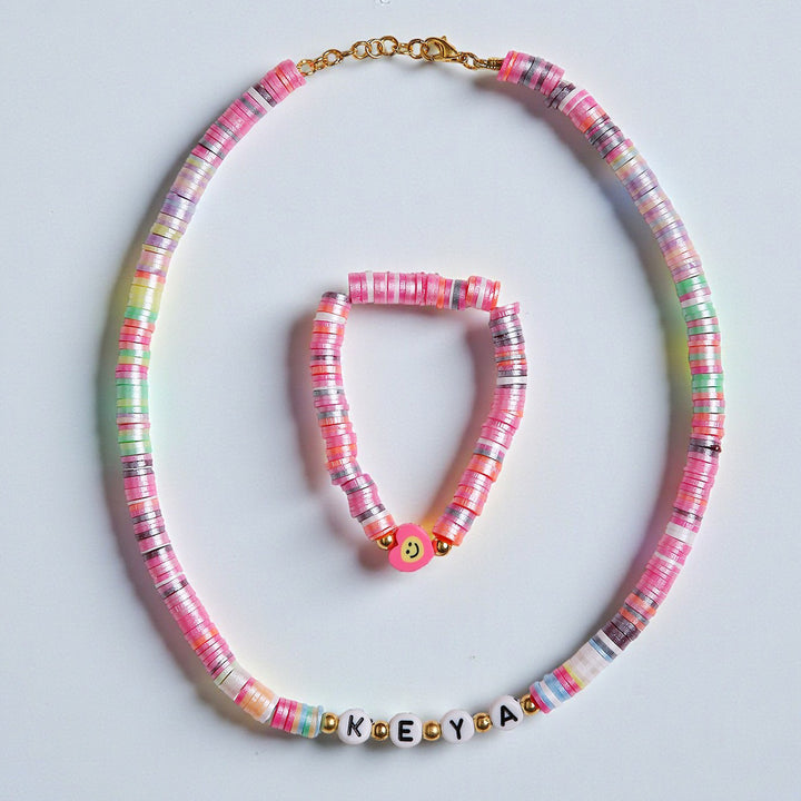 2 Pc | Personalized Multicolor Beaded Necklace & Bracelet Set For Girls
